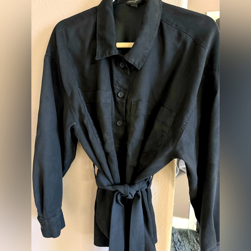 Banana Republic Vegan suede Black Button-Up lightweight jacket with Tie Front